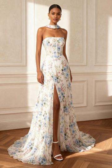 Strapless White Printed Corset Prom Dress With Slit